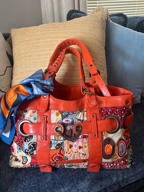 Mary Frances Orange Patchwork Beaded large shoulder bag Vintage EUC